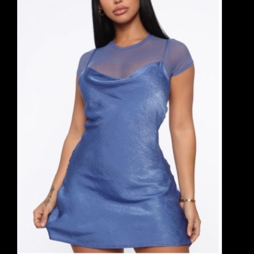 Silk slip mini dress with sheer crop top